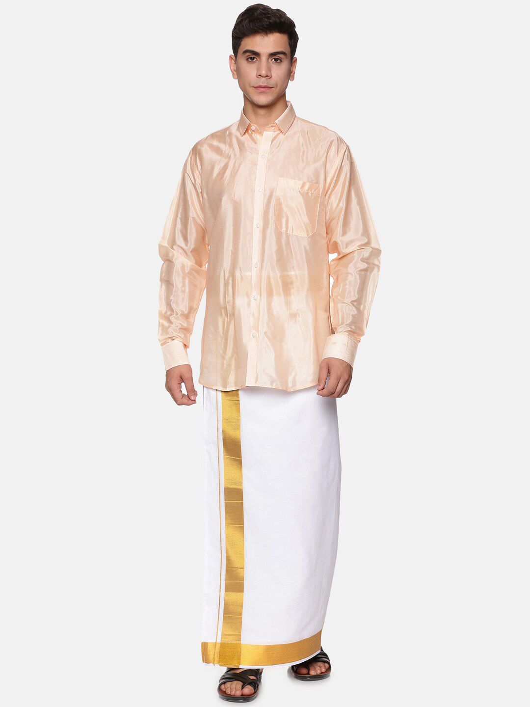 Sethukrishna Men Peach-Coloured & White Pure Cotton Shirt with Dhoti Pants-image-48