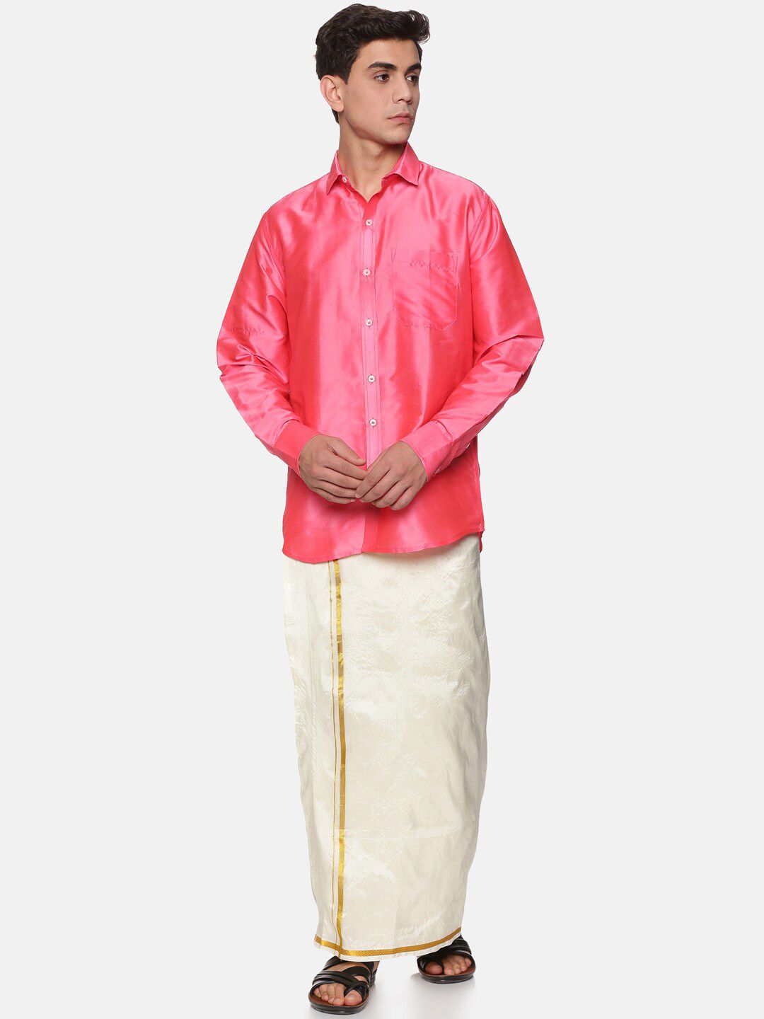Sethukrishna Men Peach-Colored & White Shirt with Zari Dhoti-picture-14