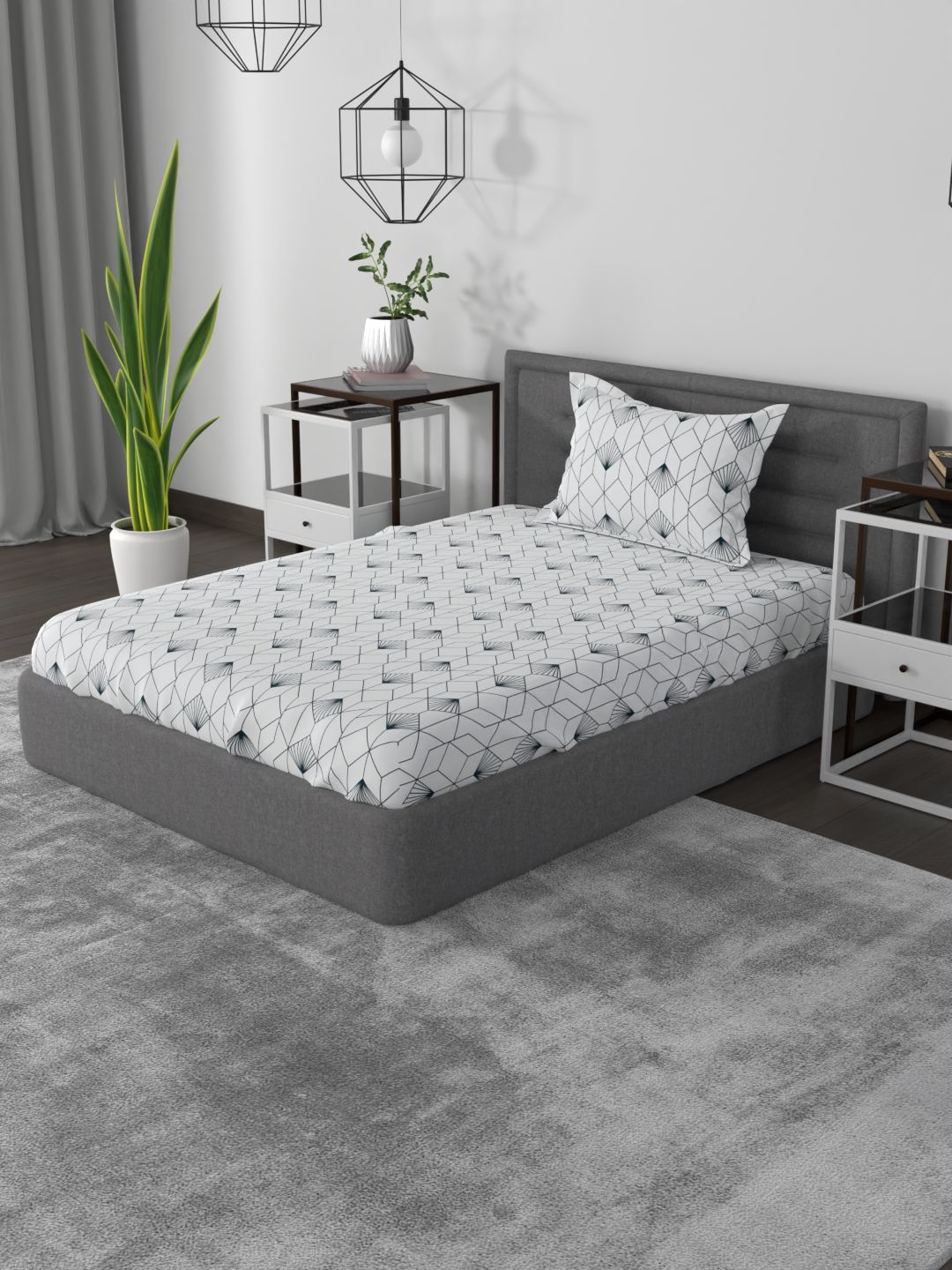 ROSARA HOME Navy Blue & White Geometric 144 TC Single Bedsheet with 1 Pillow Cover-picture-37