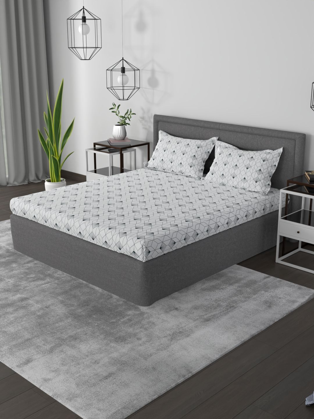 ROSARA HOME Navy Blue Geometric 144 TC Cotton Queen Bedsheet with 2 Pillow Covers-picture-33