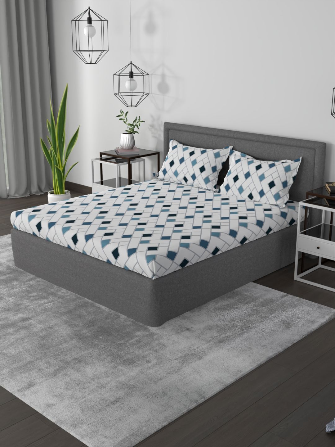 ROSARA HOME Blue & Off White Geometric 144 TC King Bedsheet with 2 Pillow Covers-picture-41