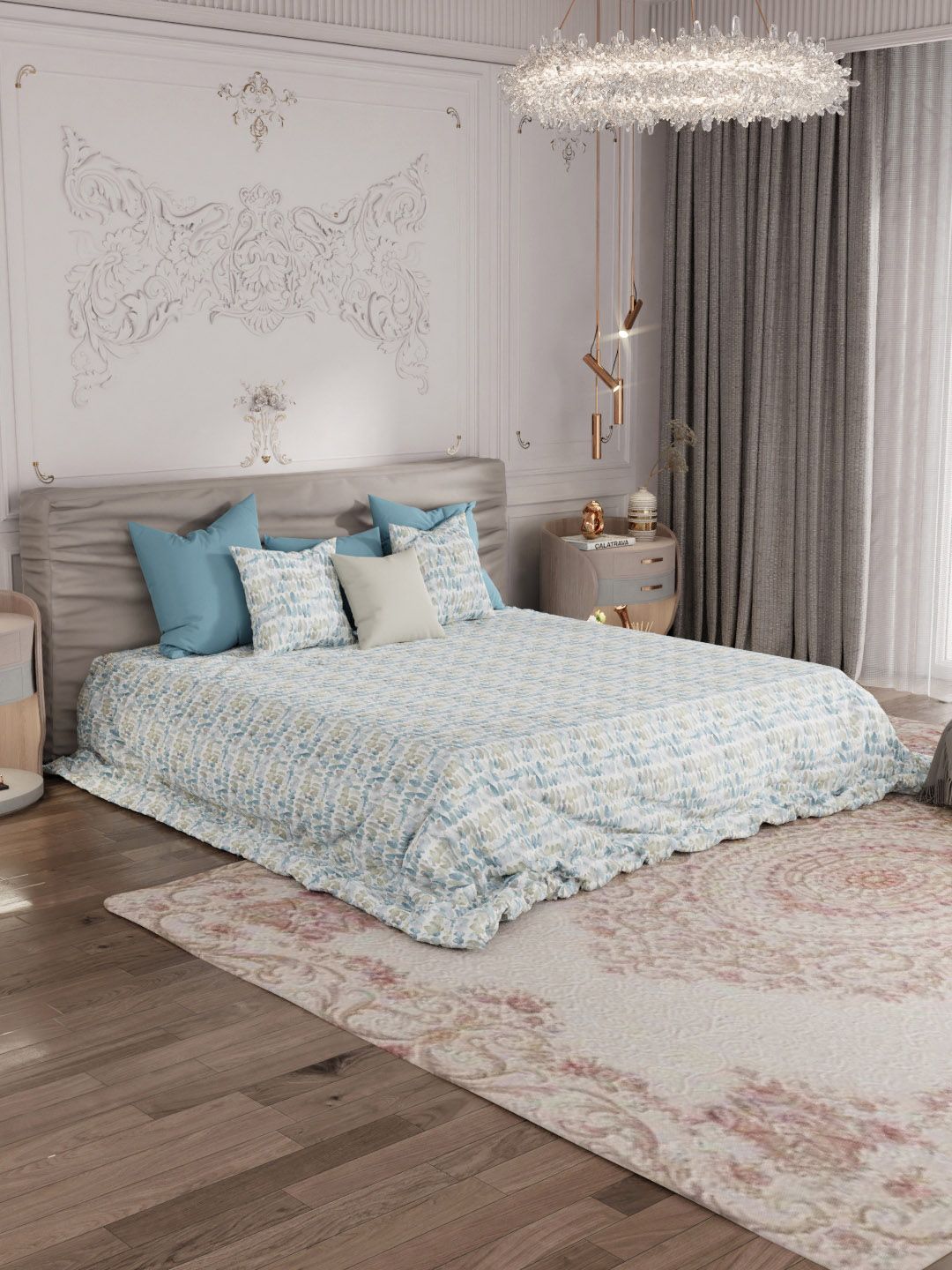 ROSARA HOME White & Blue Pure Cotton 300 TC King Bedsheet with 2 Pillow Covers-picture-33