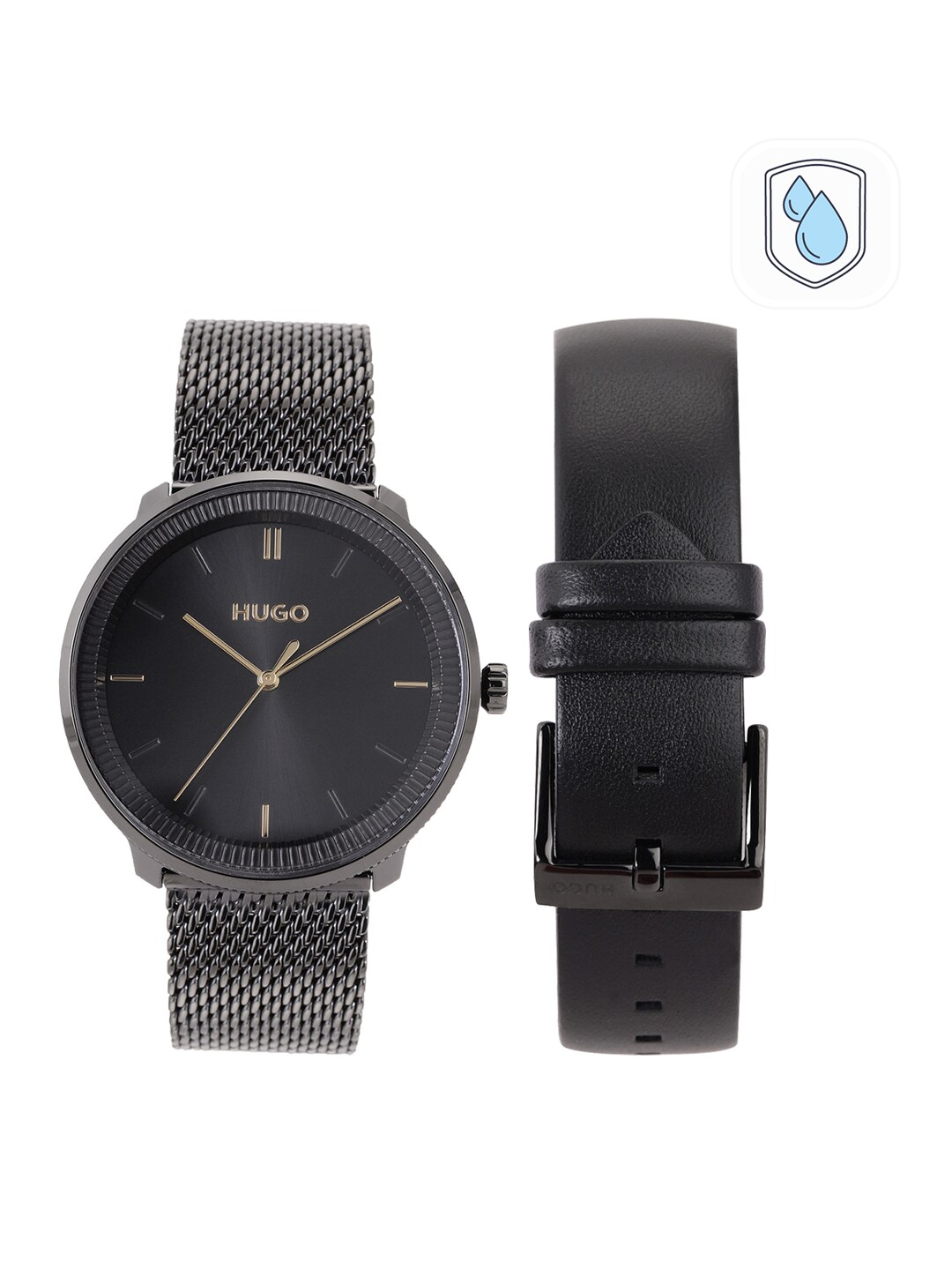 HUGO Unisex Black Leather Braided Analogue Watch with Additional Strap 1520024-Black