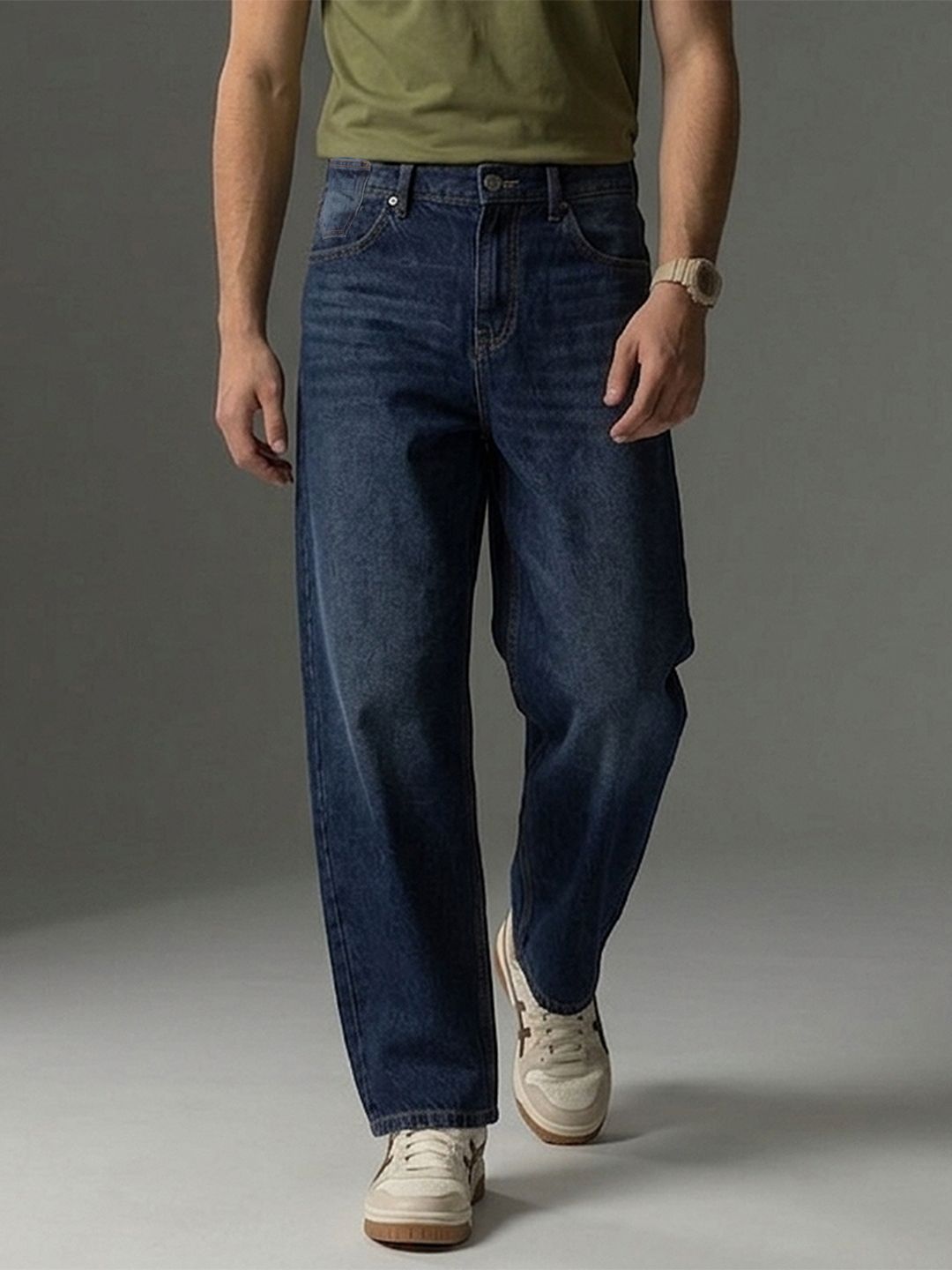 FCUK Men Barrel Fit Mid-Rise Light Fade Cotton Jeans-image-3