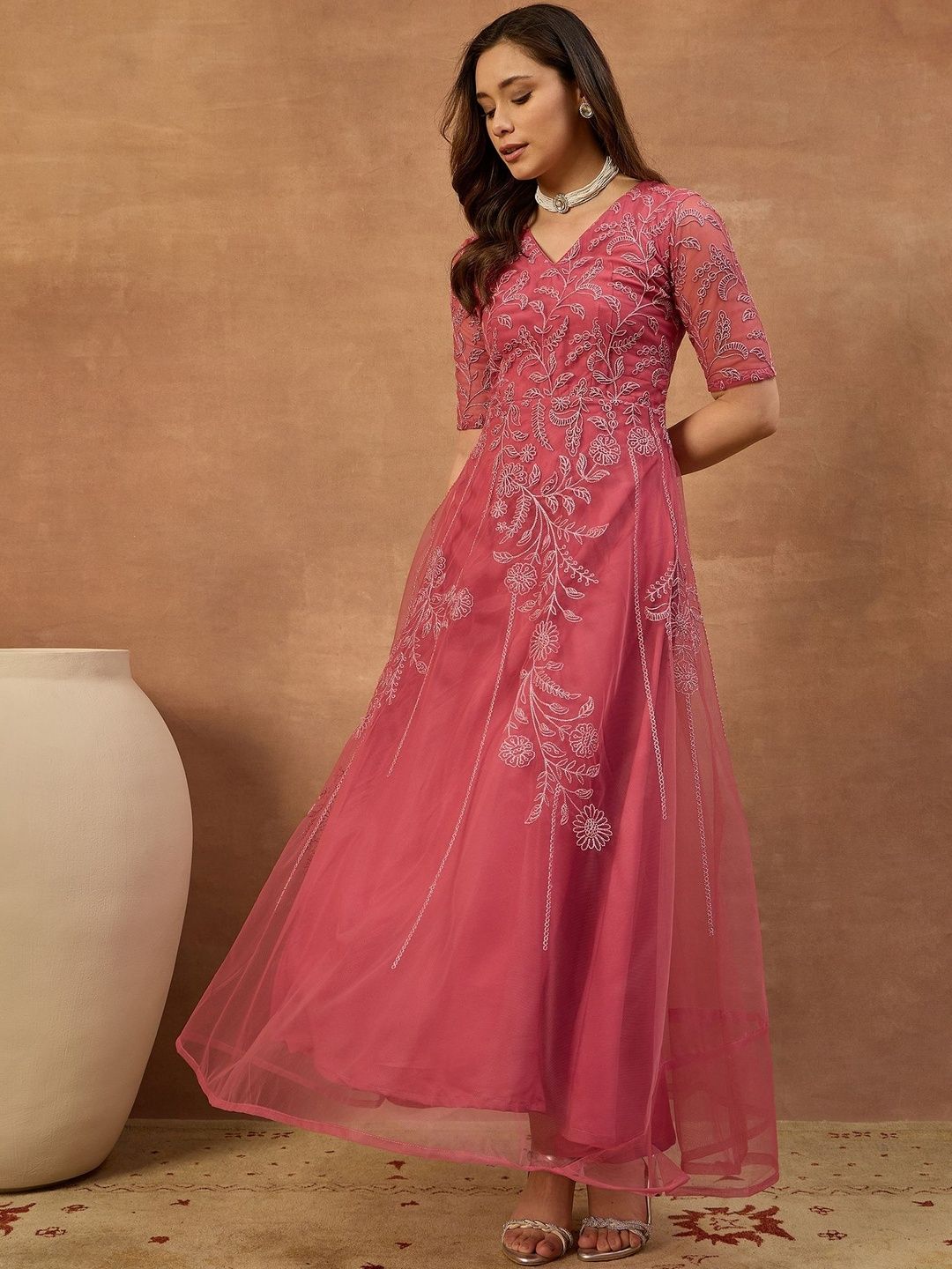 Inddus Embroidered V-Neck Gown Maxi Dress-picture-29