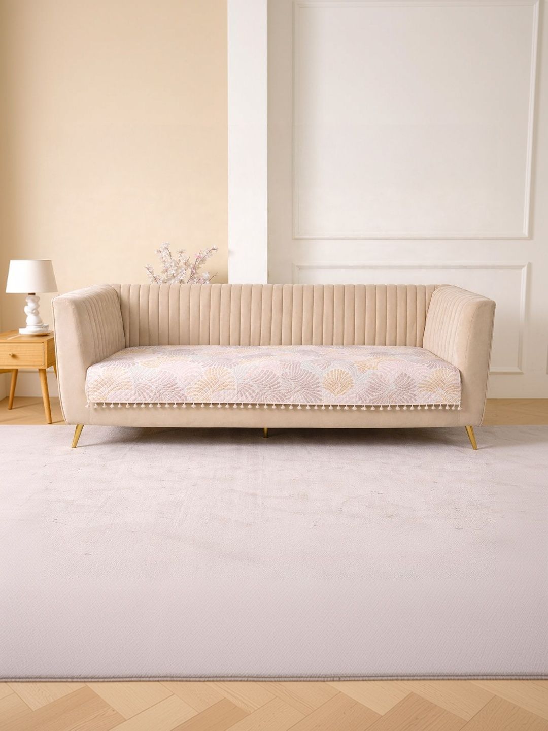 HOMEMONDE Cream-Coloured Printed 1 Piece Sofa Cover Without Arms-picture-22