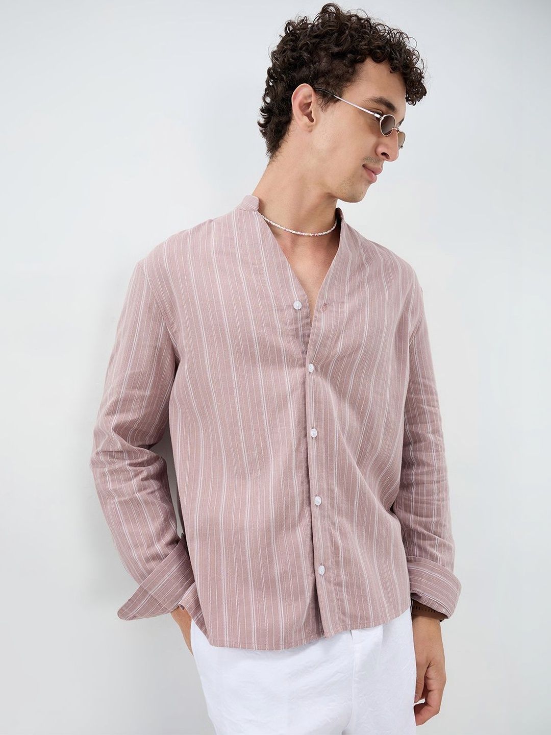 VASTRADO Deep Pastel Peach Striped Linen Blend Stand Collar Oversized Shirt-picture-43