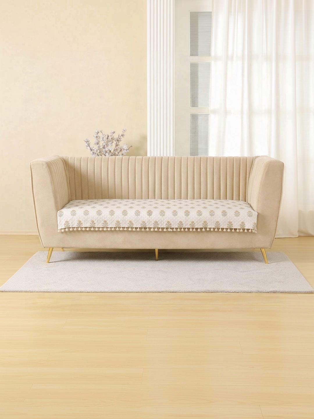 HOMEMONDE Off White Printed 1 Piece Sofa Cover Without Arms-image-45