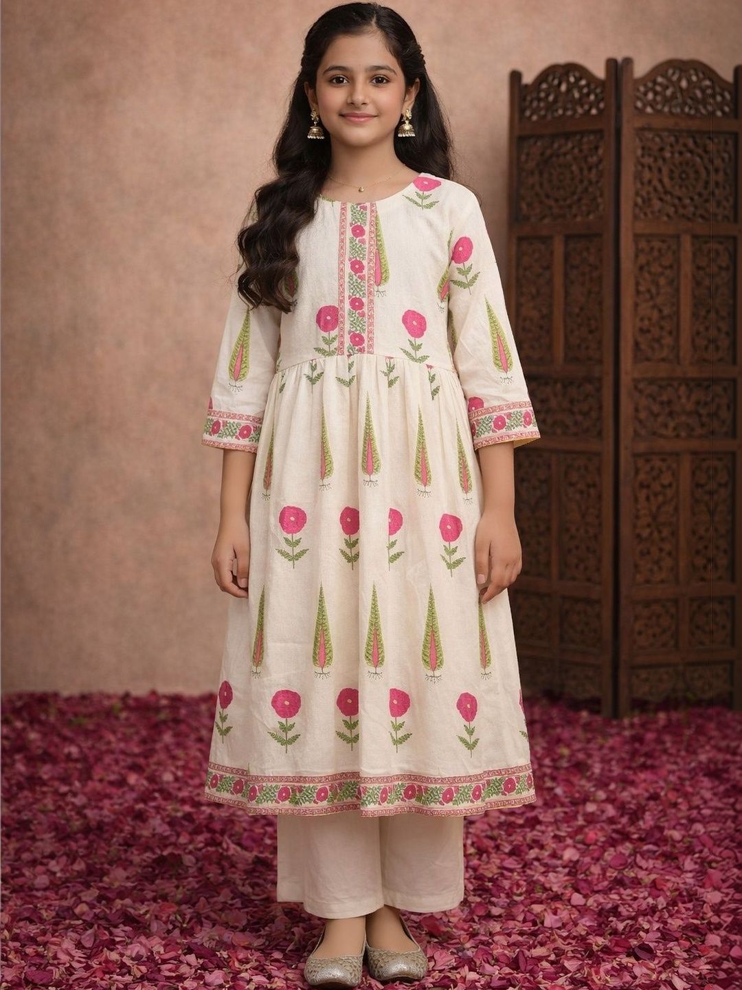 Sangria Girls Printed Pure Cotton Round Neck Calf Length A-Line Kurta-picture-16