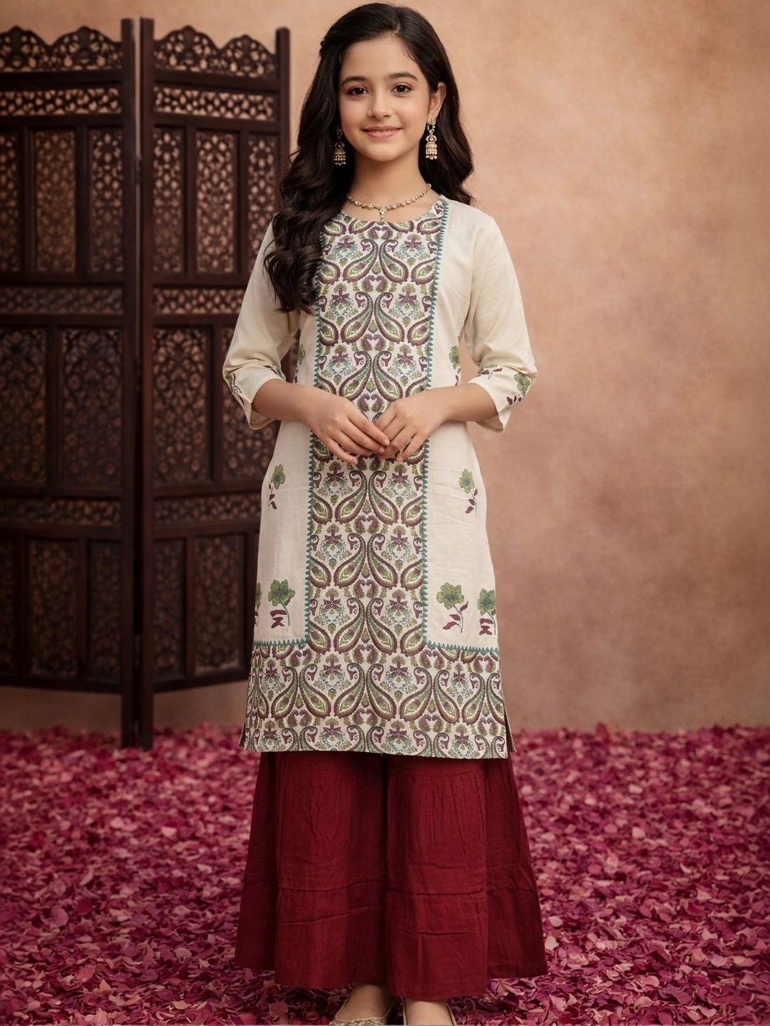 Sangria Girls Printed Pure Cotton Round Neck Calf Length Straight Kurta-picture-16