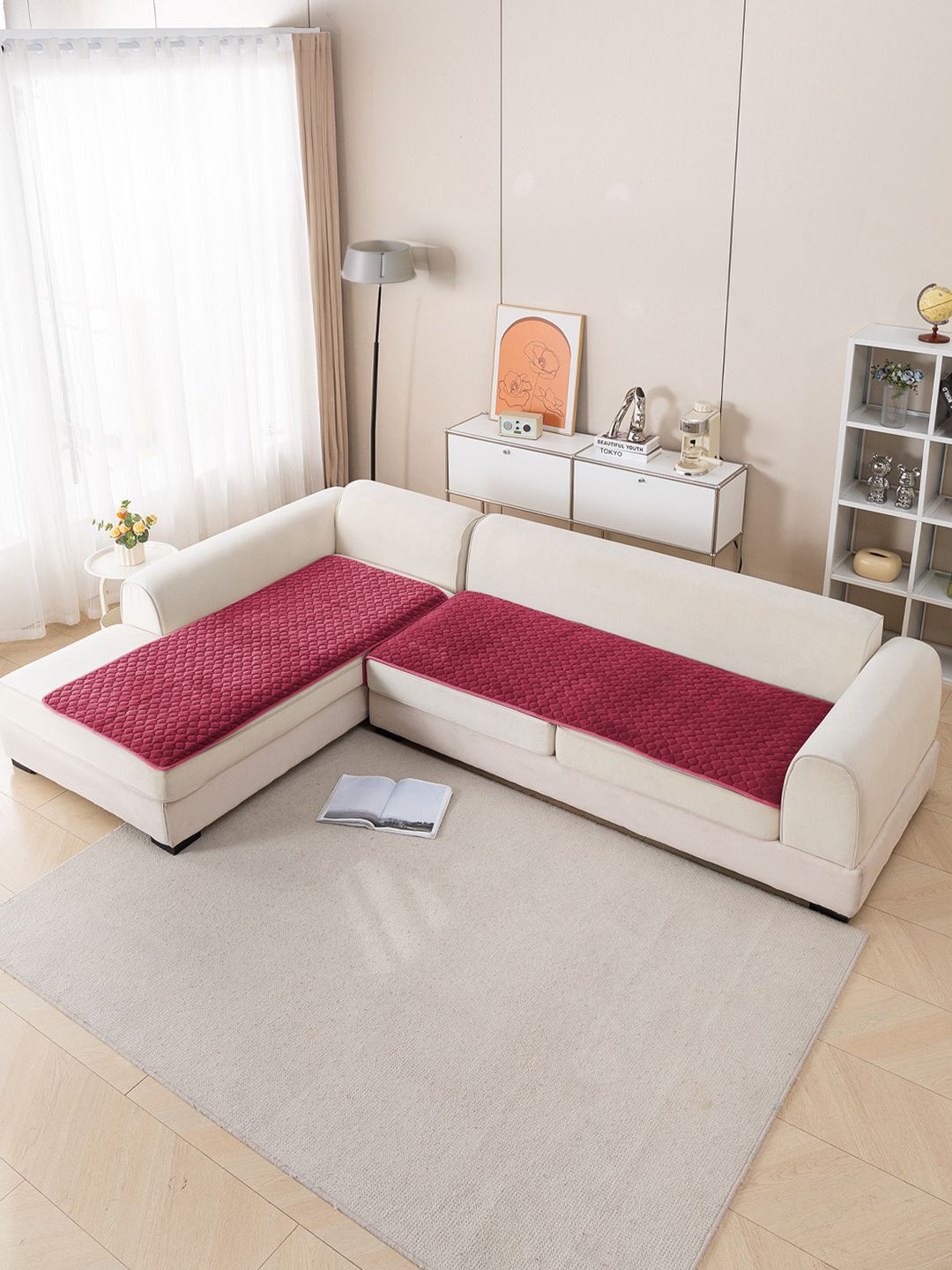 HOKIPO Maroon Solid 2 Piece Sofa Cover Without Arms-image-3