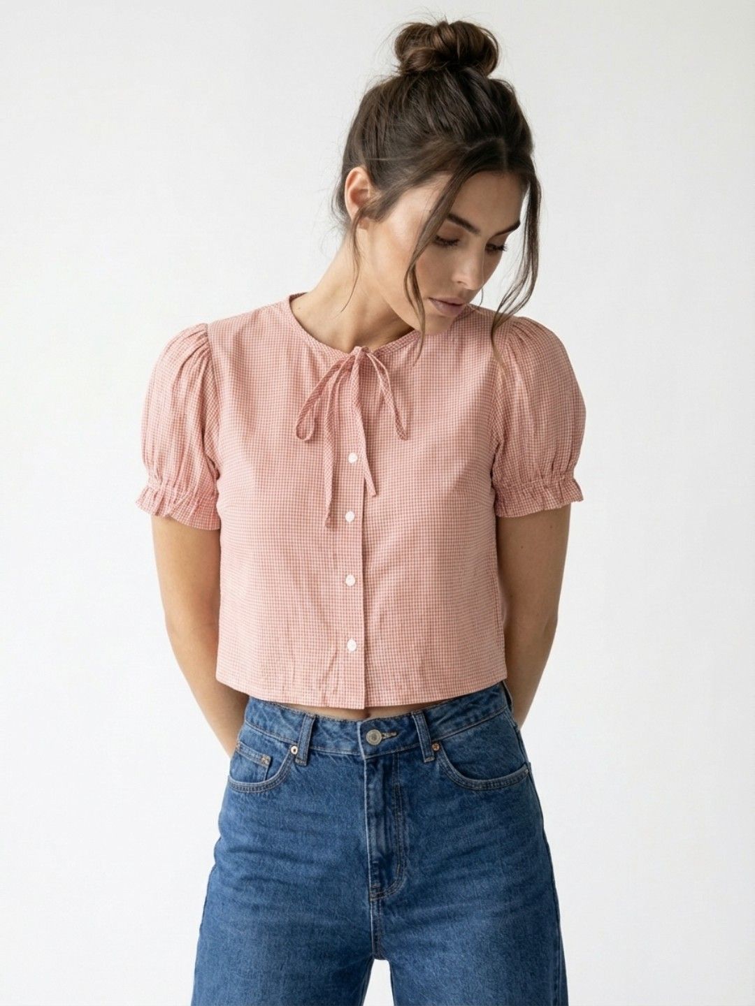glitchez Checked Tie-Up Neck Puff Sleeve Top-picture-36