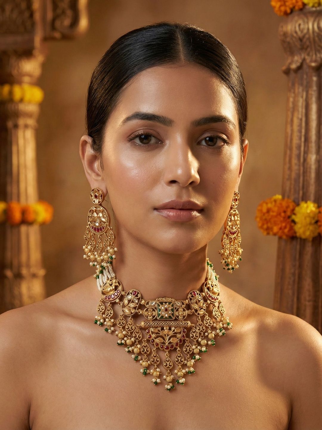 Wedding Chuda by Hitesh Bangles Gold-Plated Stone Studded & Beaded Necklace and Earrings-image-1