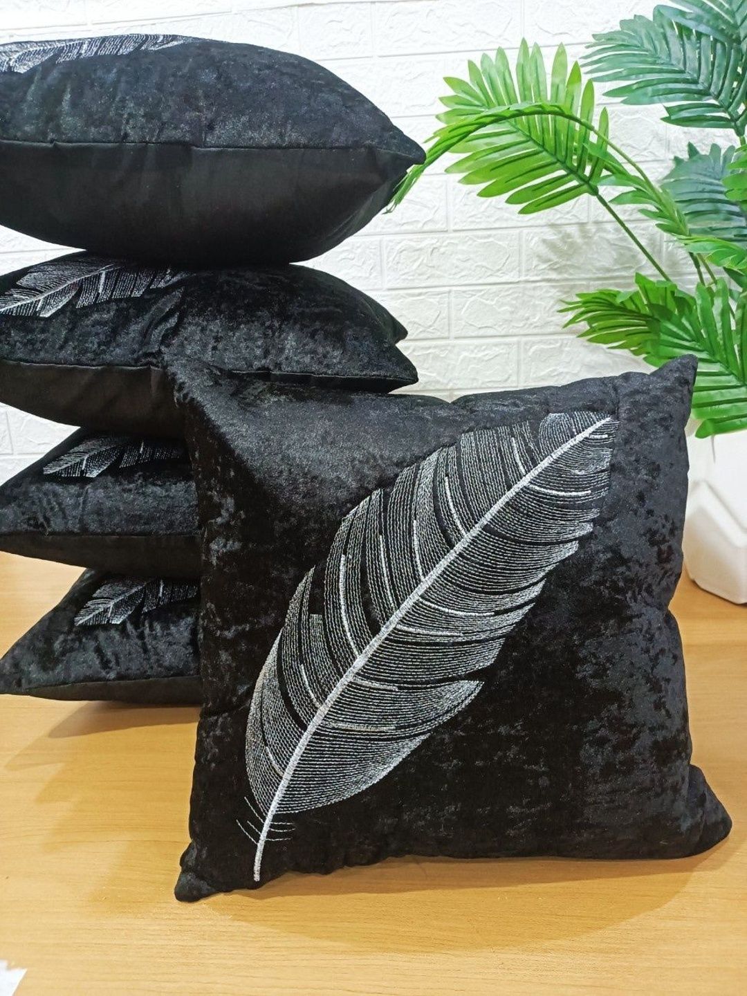 LOFEY Black Set of 5 Embroidered Velvet Square Cushion Covers-picture-23
