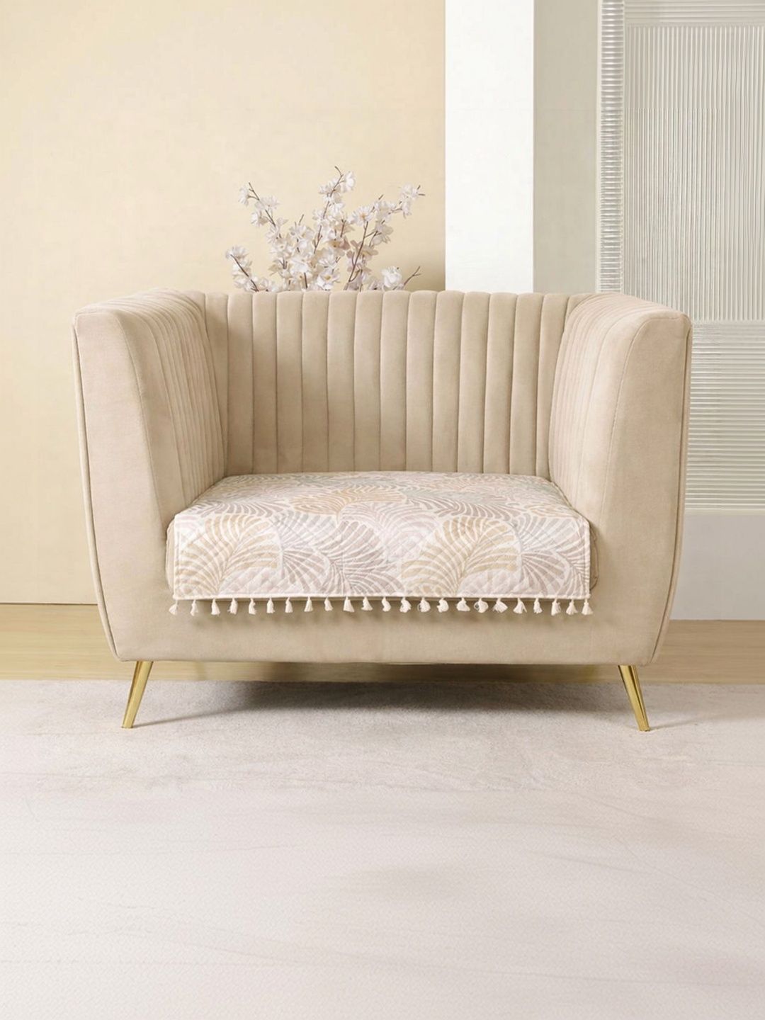 HOMEMONDE Cream-Coloured Printed 1 Piece Sofa Cover Without Arms-picture-15