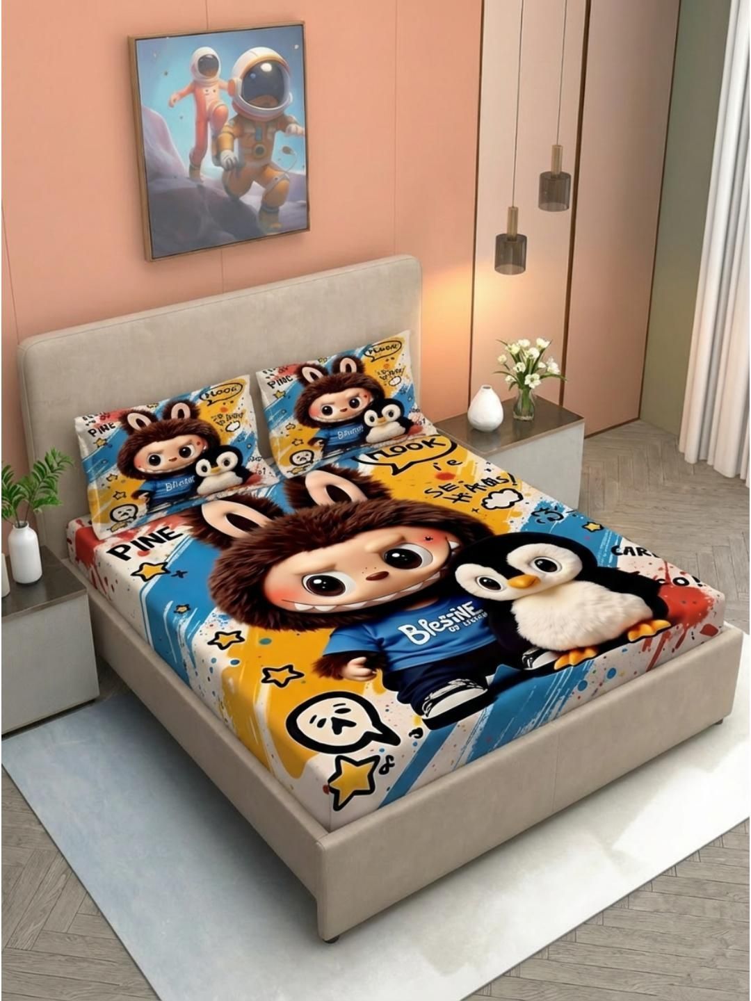Furnish Factory Multicoloured Cartoon Characters 210 TC King Bedsheet with 2 Pillow Covers-image-1