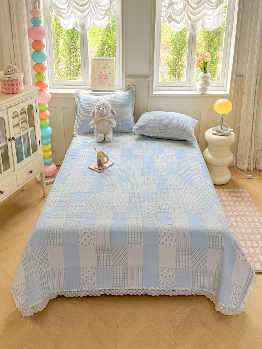 JC HOME White & Blue Checked 162 TC King Double Bedcover With 2 Pillow Covers-image-49