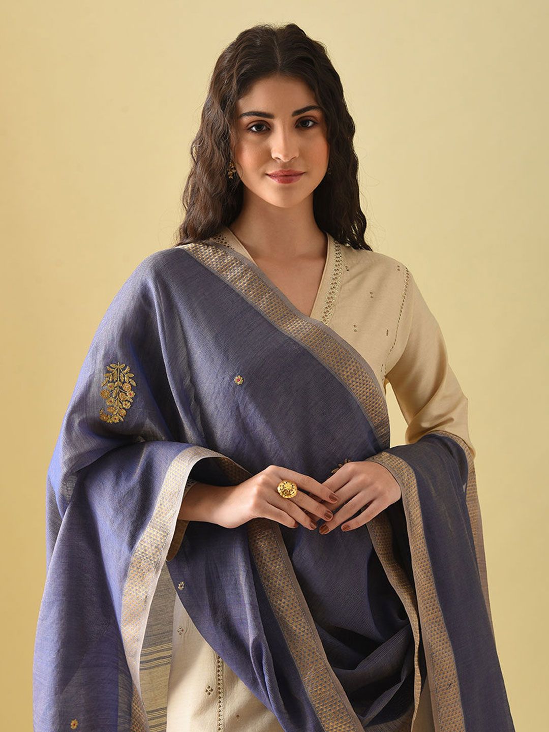 JAYPORE Ethnic Motifs Embroidered Cotton Silk Dupatta with Thread Work-picture-22