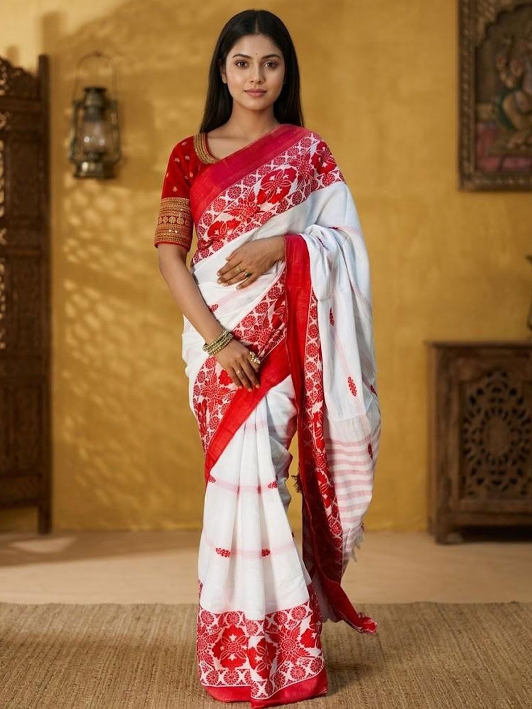 Shopeezy Tex Fab Sr40 Akram Flower1 Lalpad White R Sarees-picture-32