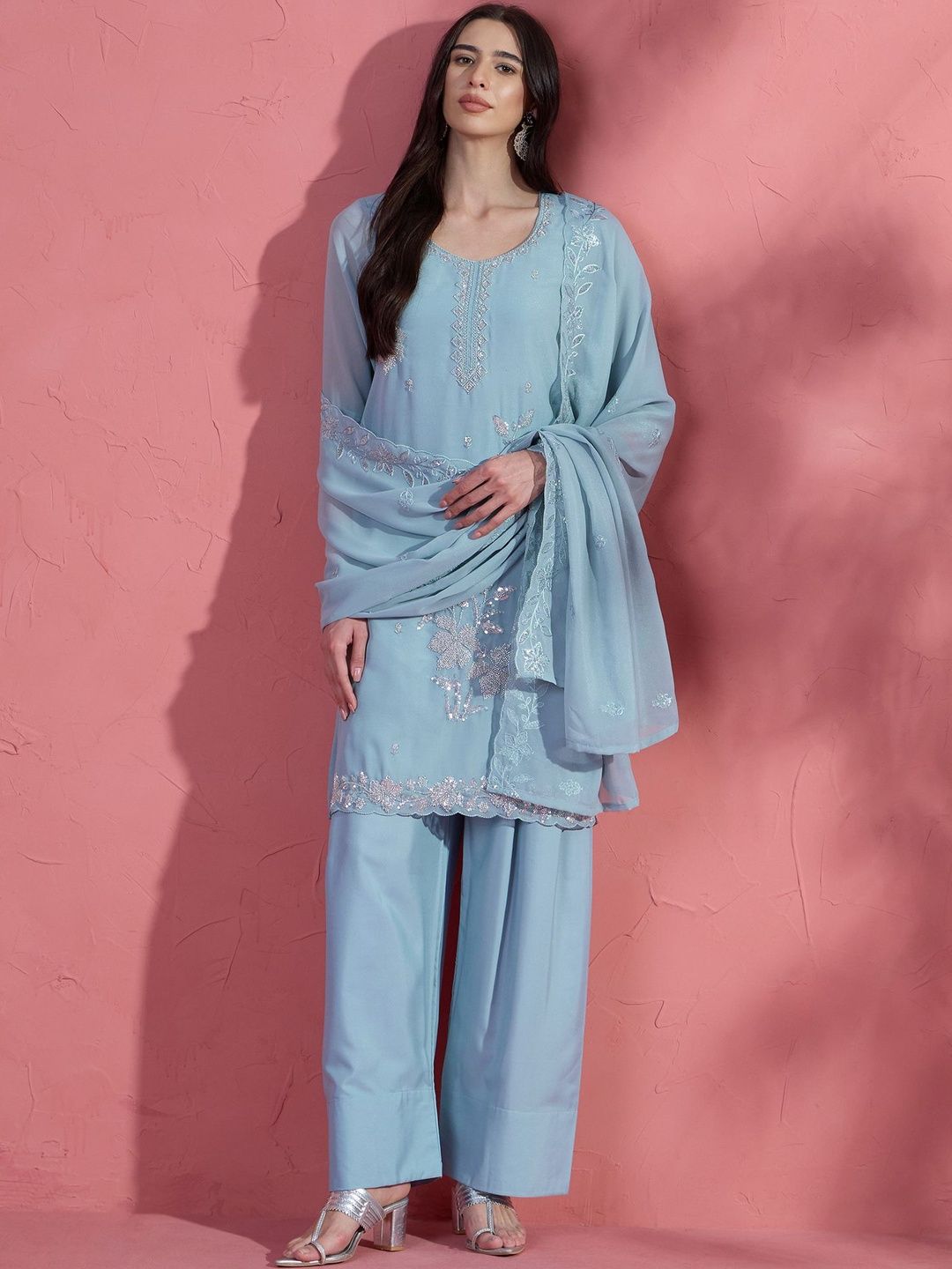 House of Pataudi Embroidered Round Neck Kurta & Trousers With Dupatta-picture-44