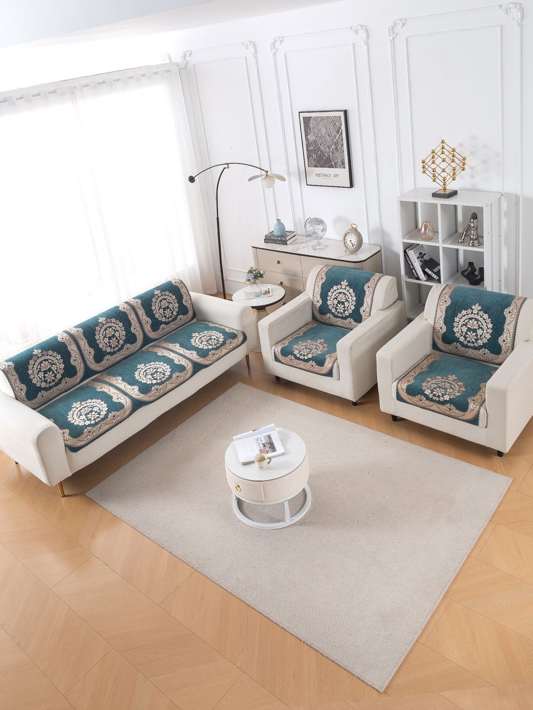 HOKIPO Shahi Teal 'Royal Aangan Series' 5 Seater 3+1+1 Sofa Cover Set-image-39