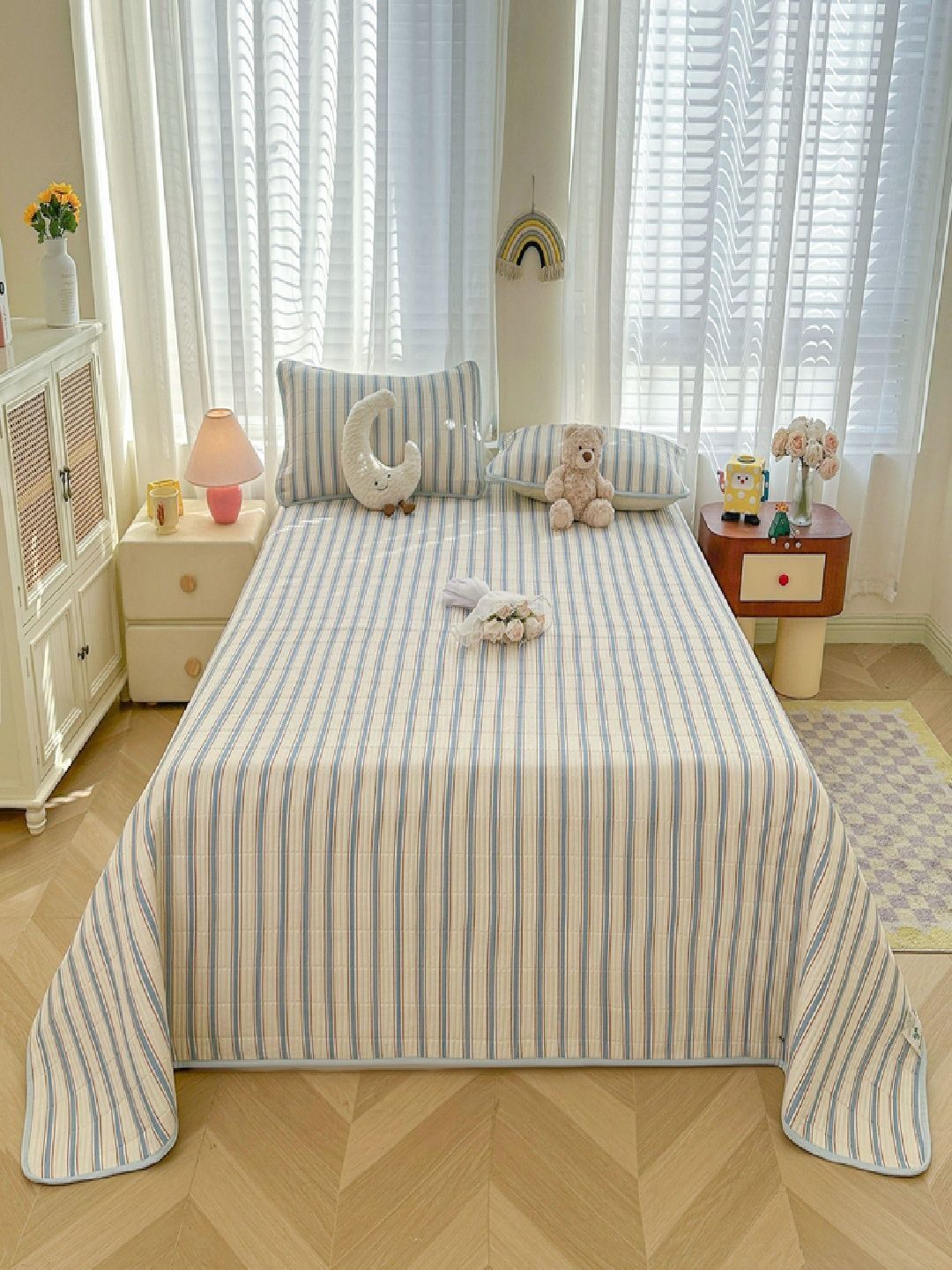 JC HOME Blue & Beige Striped 162 TC Double King Bedcover With 2 Pillow Covers-image-29