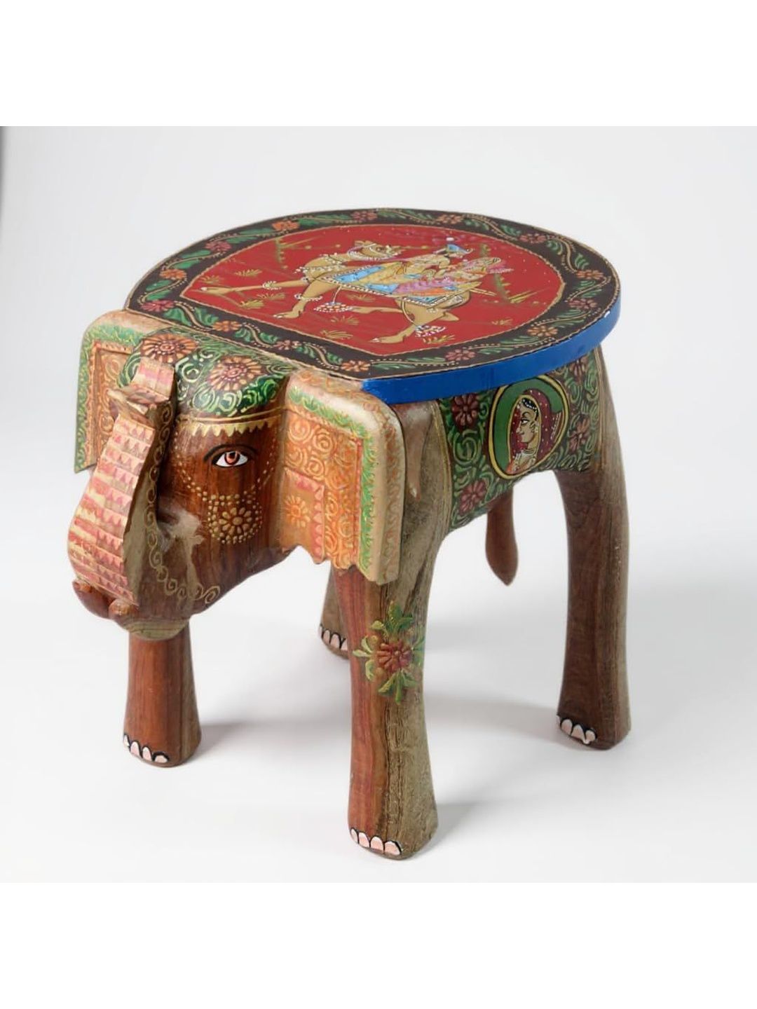 PREET GALLERY Brown & Red Elephant Design Wooden Round Coffee Table-image-23