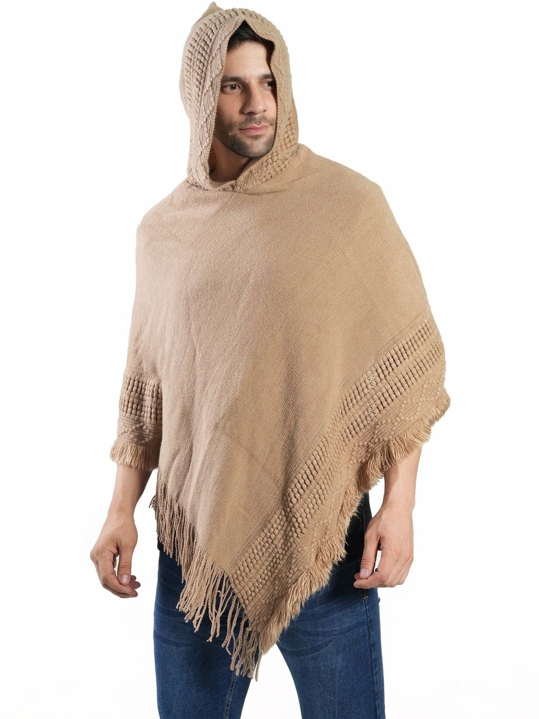 Manra Men Woollen Longline Poncho with Fringed Detail-picture-21