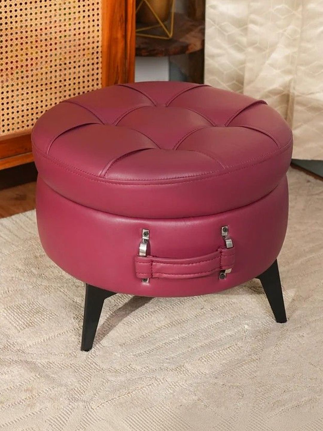 THREADVIBE LIVING Maroon Striped Leather Round Ottomans-picture-54
