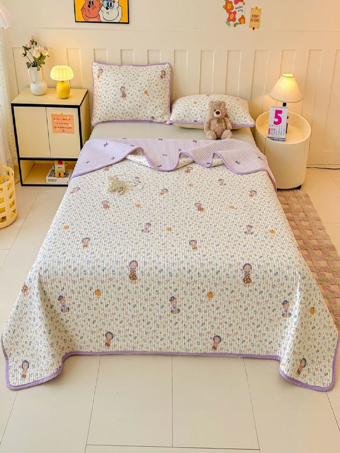 JC HOME Yellow & Purple 162 TC Single Bedcover With 2 Pillow Covers-image-25