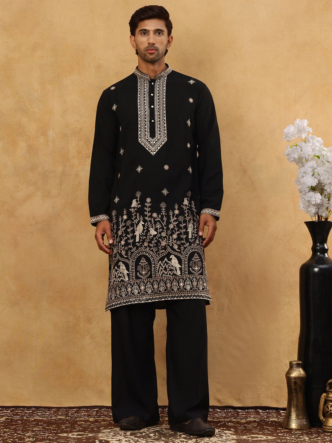 Jompers Men Animal Embroidered Regular Chikankari Kurta with Pyjamas-picture-58