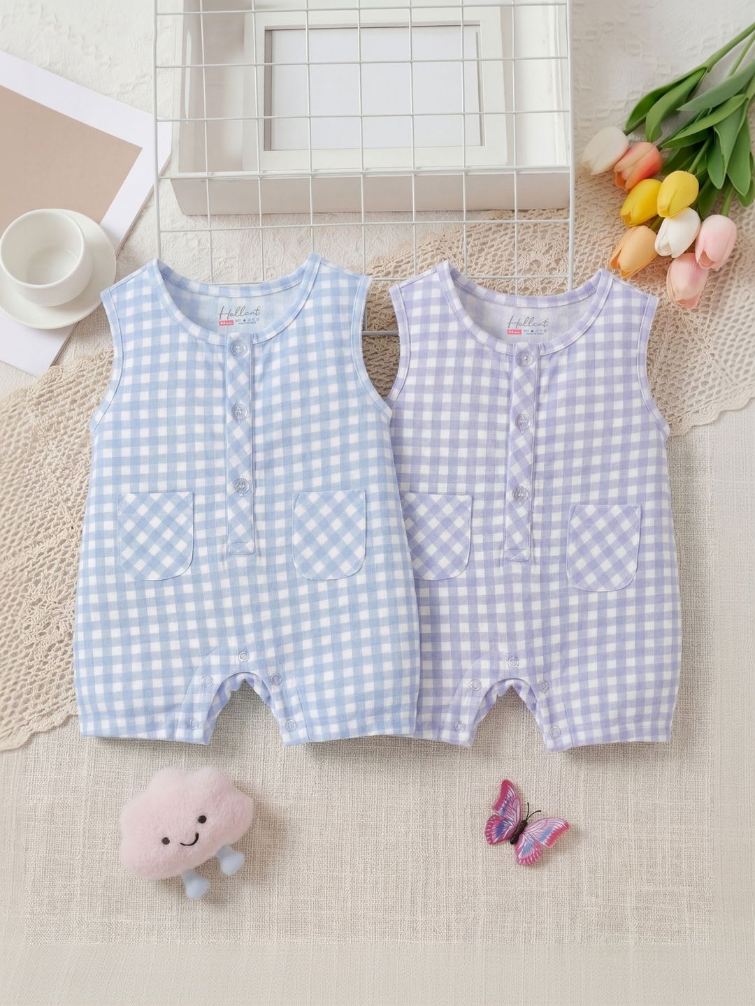 Hellcat Newborn Rompers 024 Months | Baby Cotton Romper | Checked Romper |Pack of 2-picture-21