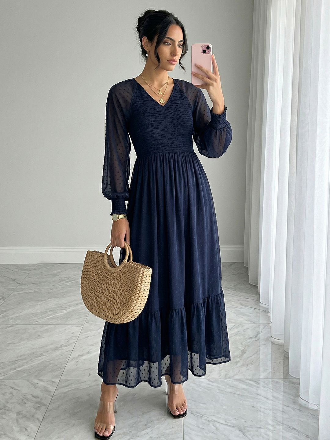 Styli Women Navy blue Self Design V-Neck Long Sleeves Chiffon Fit & Flare Maxi Dress-picture-15