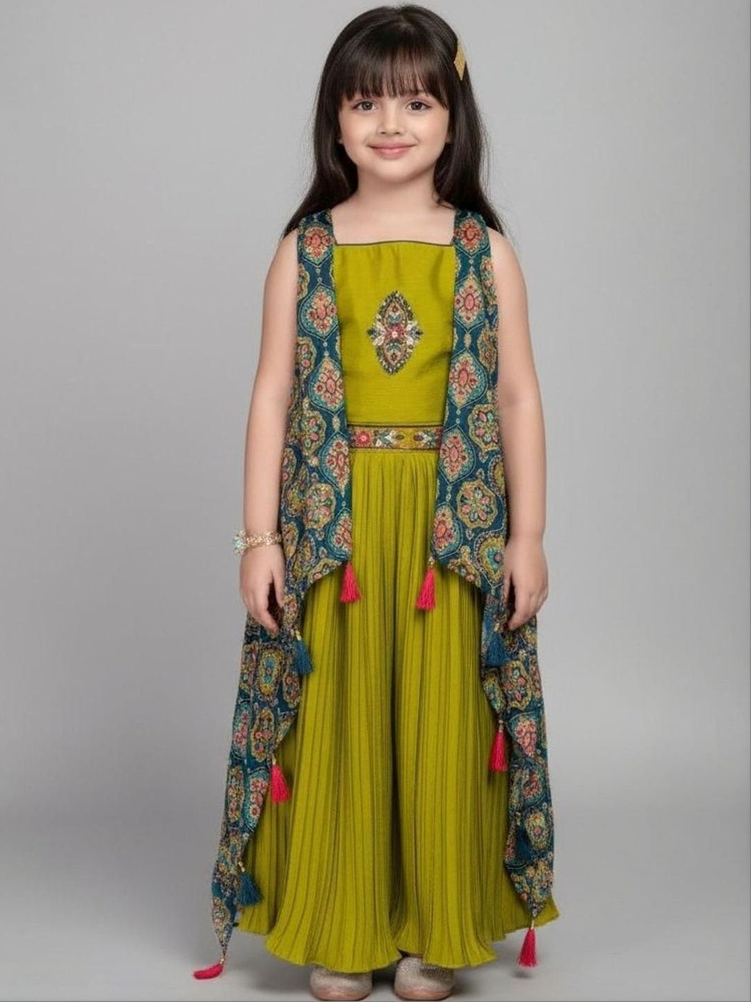 BAESD Girls Parrot Green Art silk Plating Palazzo set-picture-32