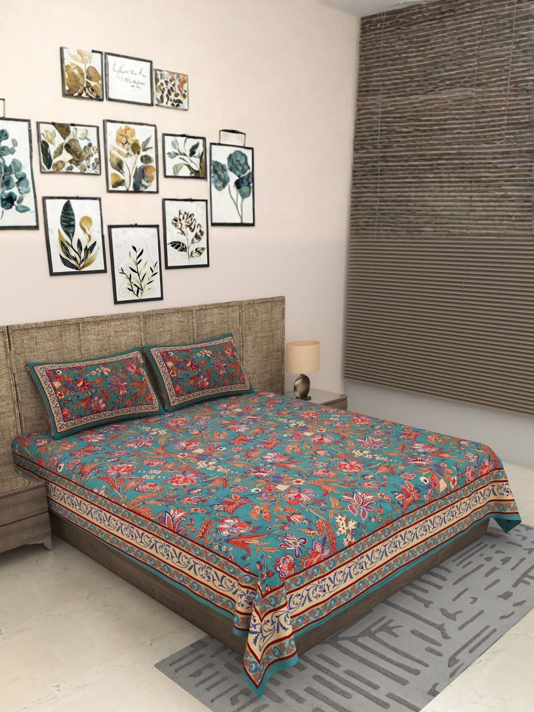 JAIPUR FABRIC Sea Green Floral 300 TC King Bedsheet with 2 Pillow Covers-picture-37