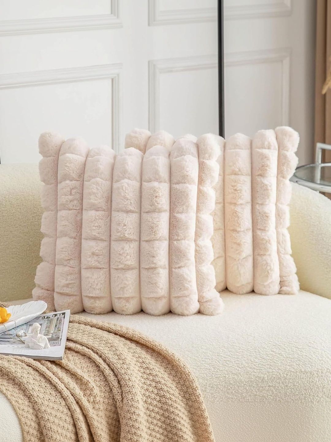 MONKDECOR Cream-Coloured Set of 2 Checked Velvet Square Cushion Covers-image-31