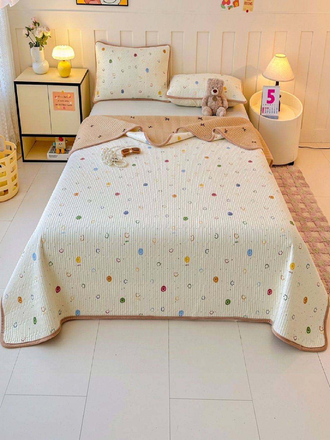JC HOME Beige & Yellow Printed 162 TC Single Bedcover With 2 Pillow Covers-image-43