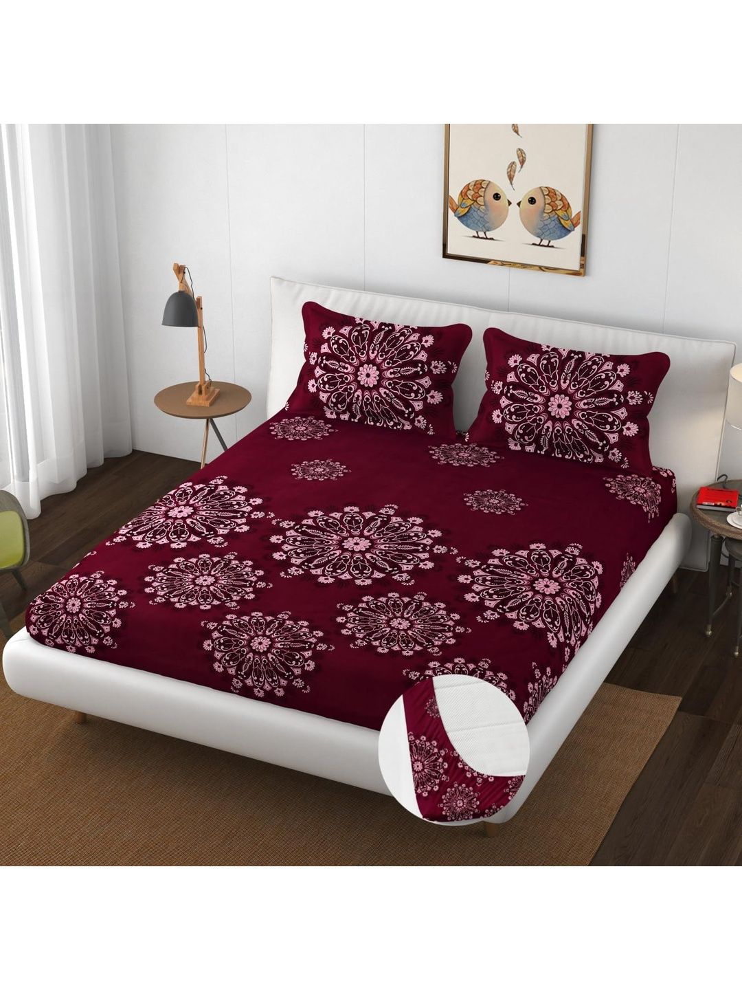 JASHAN Maroon Floral 210 TC King Bedsheet with 2 Pillow Covers-image-20