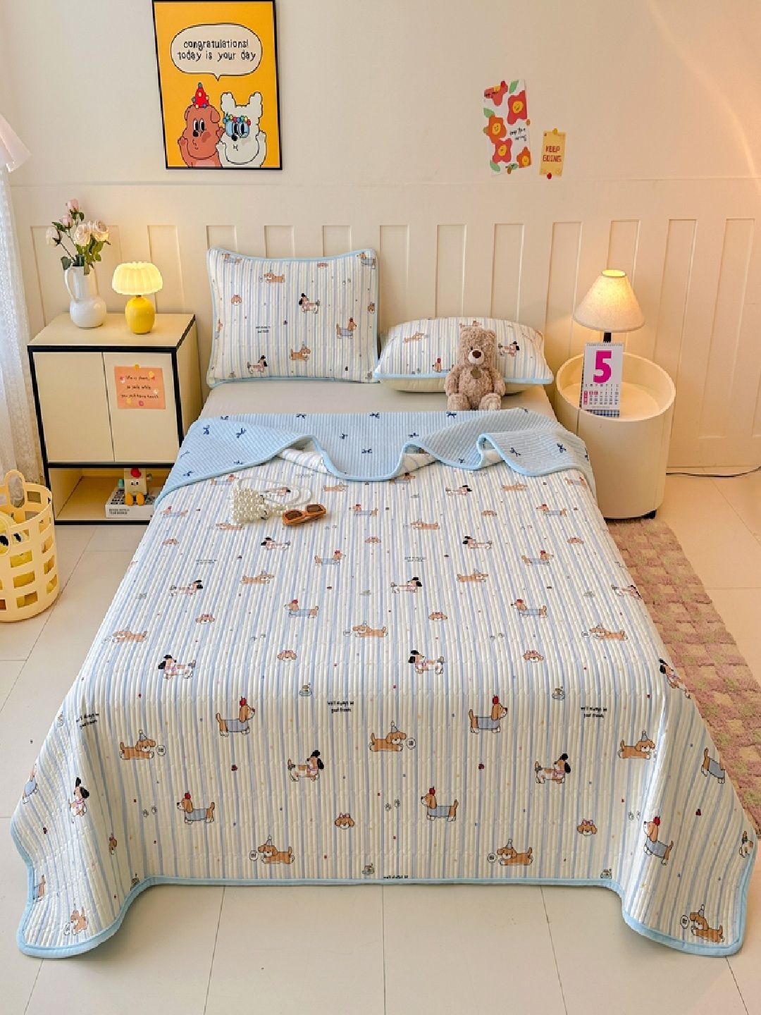 JC HOME Blue & Pink Dog Printed 162 TC King Double Bedcover With 2 Pillow Covers-image-30