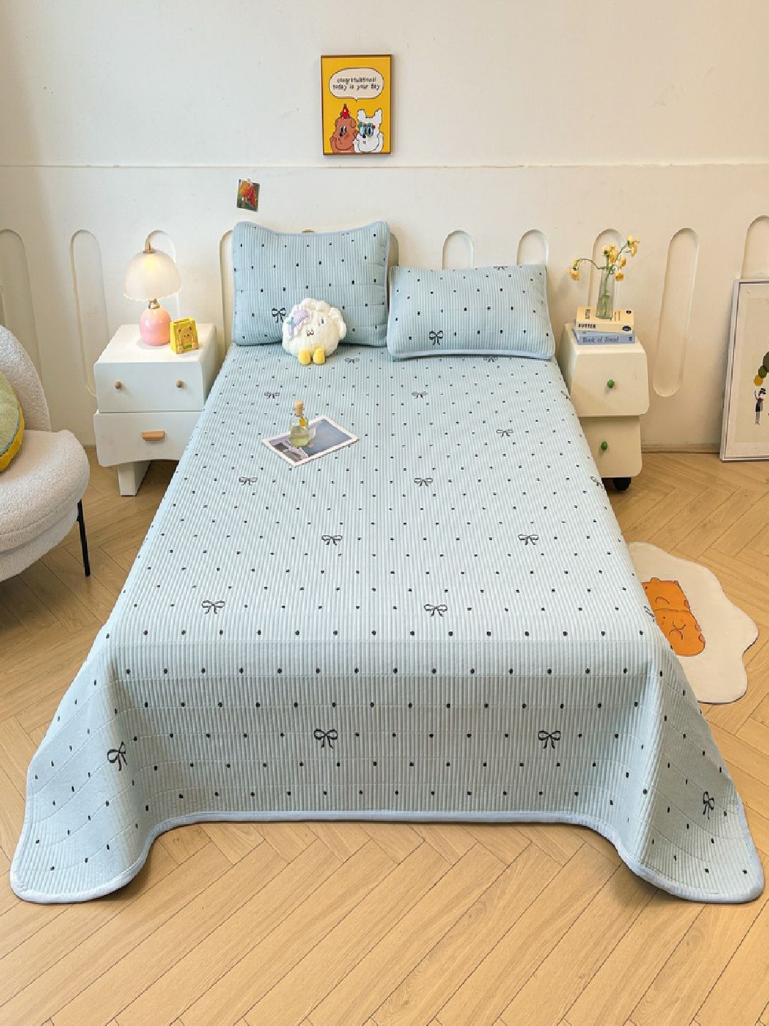 JC HOME Blue & Black 162 TC Double Super King Bedcover With 2 Pillow Covers-image-9