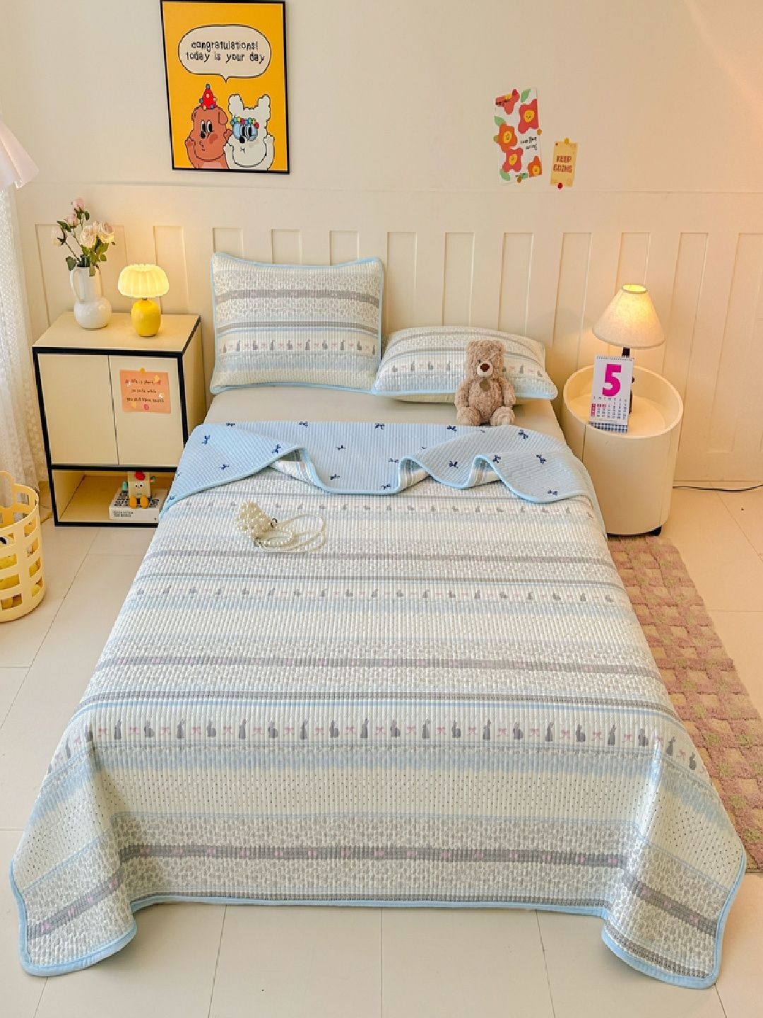 JC HOME Blue & White 162 TC King Single Bedcover With 2 Pillow Covers-image-11