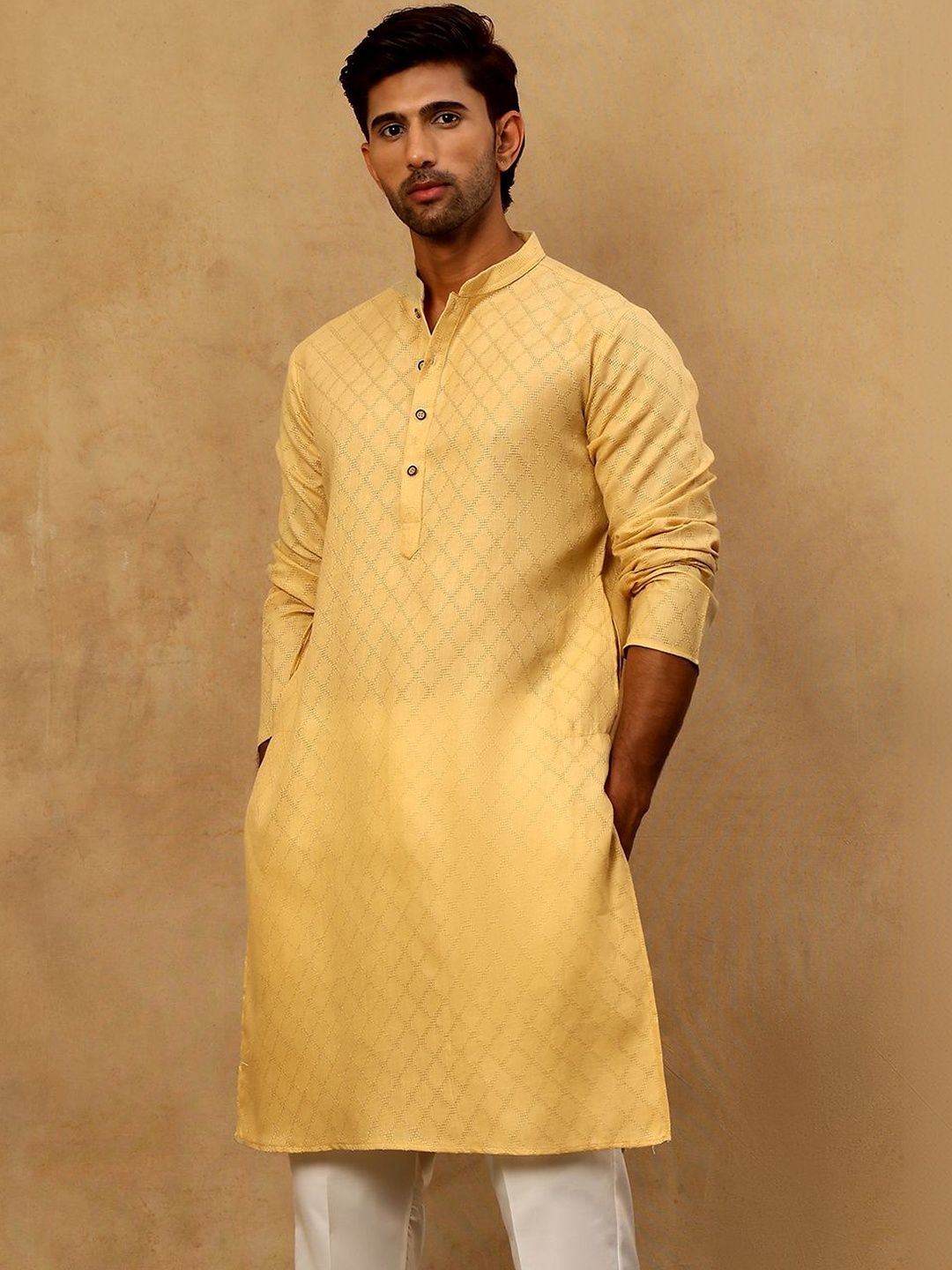 House of Pataudi Self Design Mandarin Collar Knee Length Straight Kurta-picture-30
