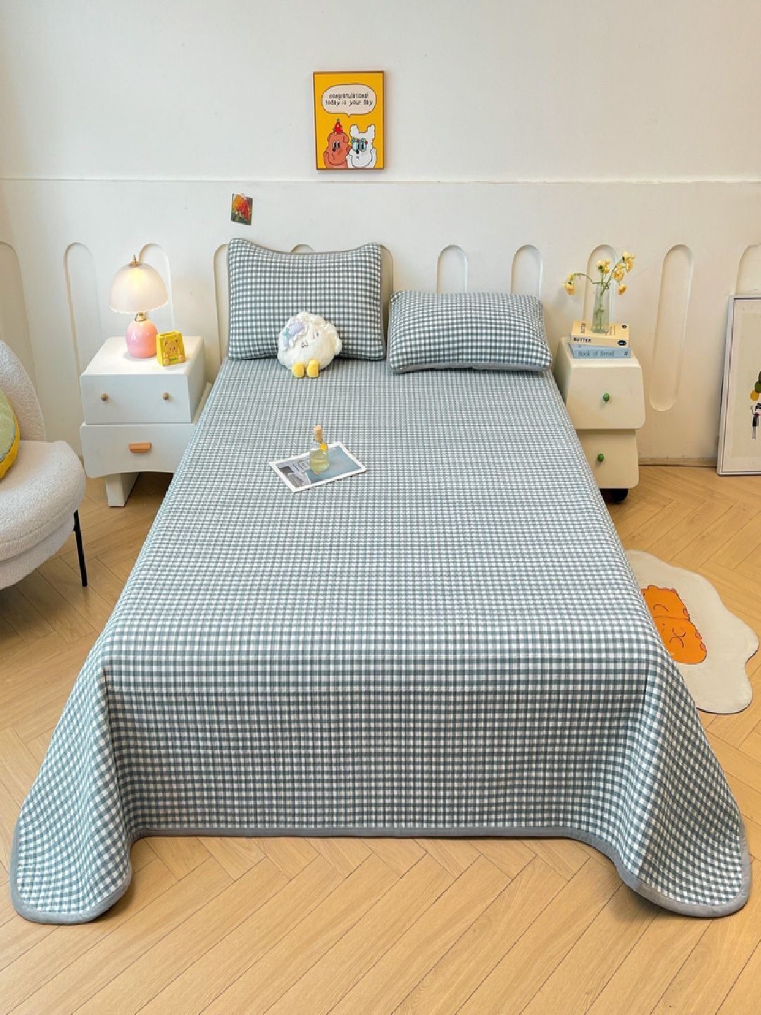 JC HOME Blue 162 TC King Single Bedcover With 2 Pillow Covers-image-10