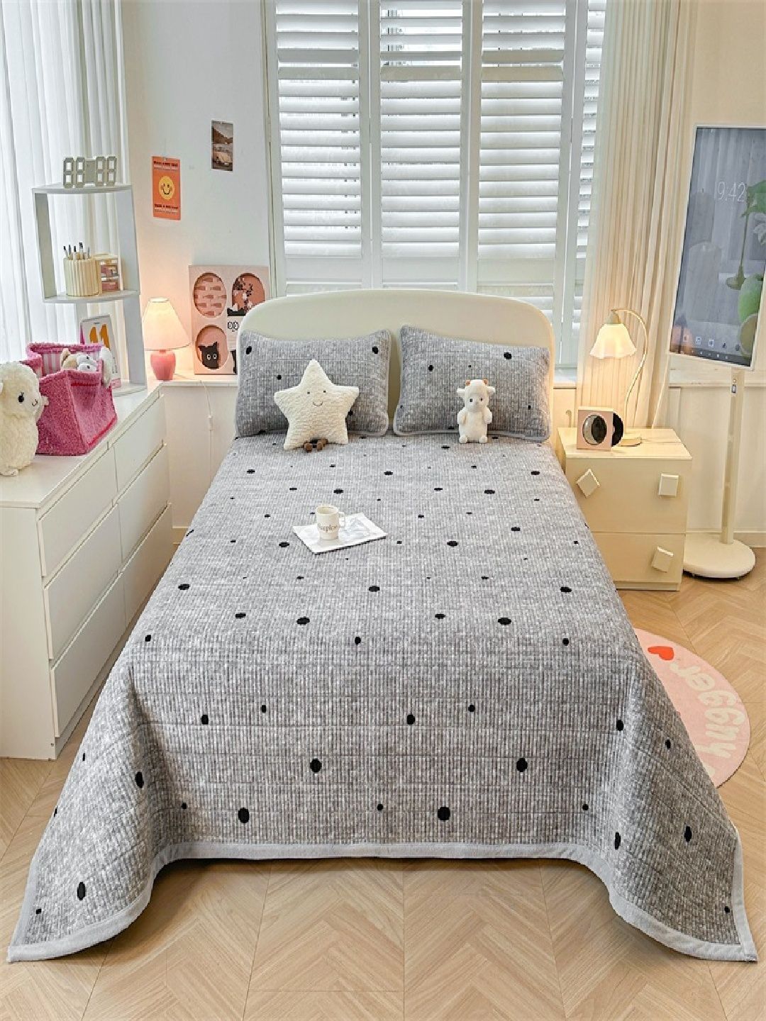 JC HOME Grey & Black 162 TC King Double Bedcover With 2 Pillow Covers-image-22