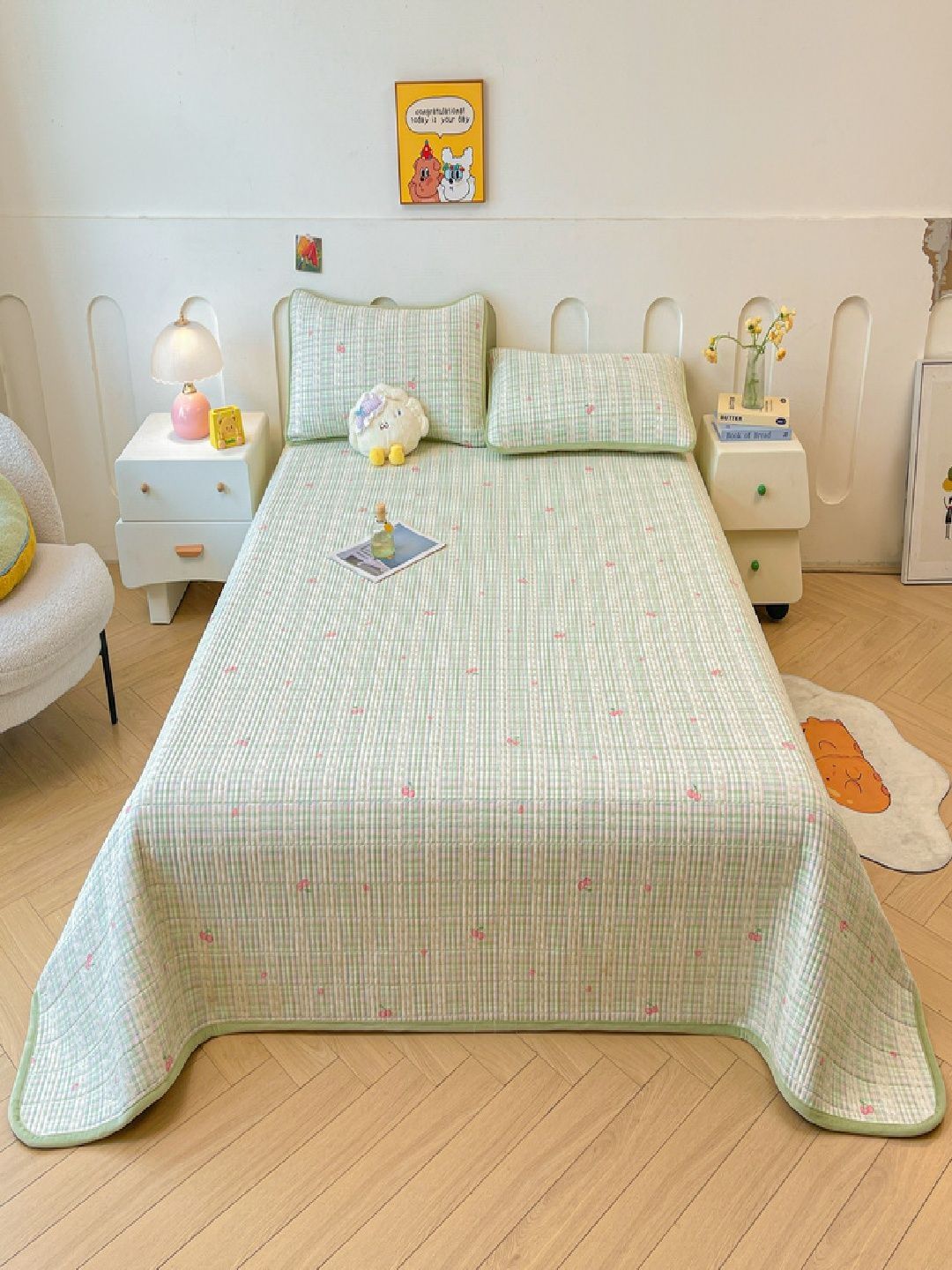 JC HOME Green & Pink Floral 162 TC King Double Bedcover With 2 Pillow Covers-picture-28