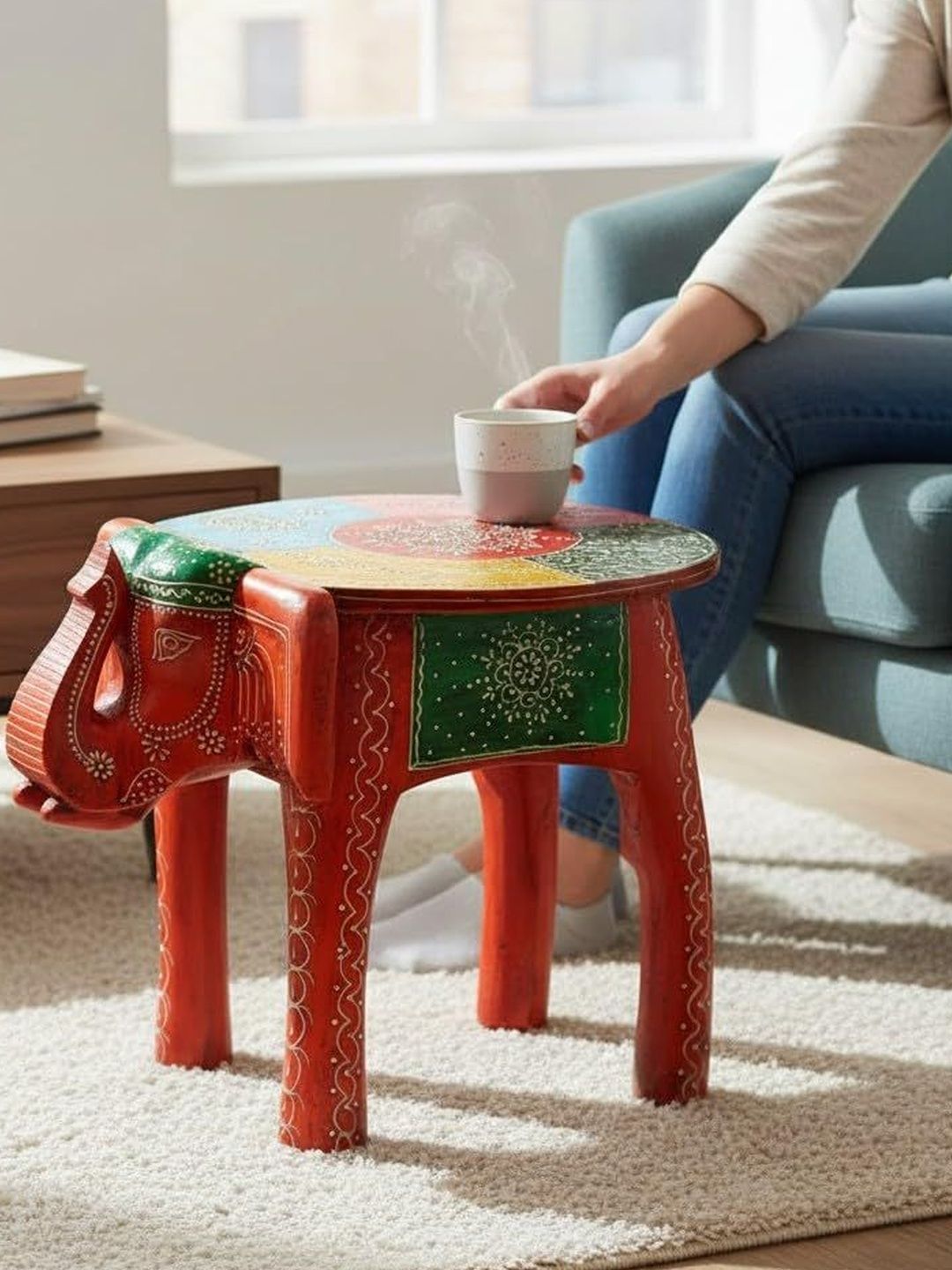 PREET GALLERY Red & Green Elephant Design Wooden Round Coffee Table-image-3