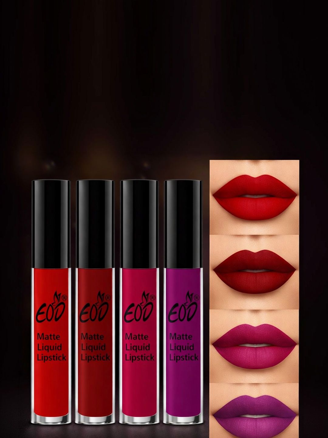 EOD Set Of 4 Matte Liquid Lipstick - 3 ml Each - Orangish Red - Maroon - Purple -Dark Pink-image-30
