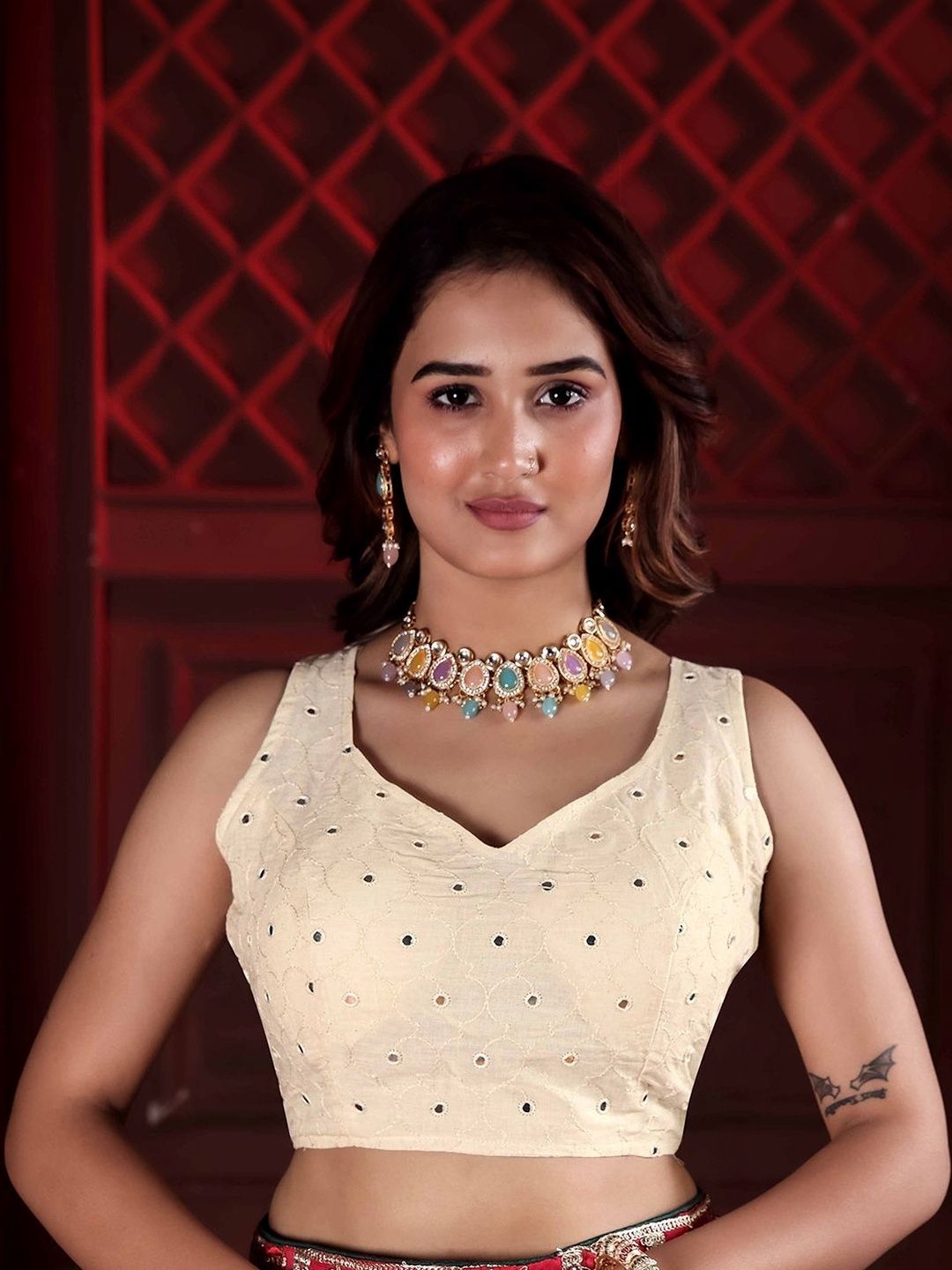 HERE&NOW Cotton Embroidered Sequinned Saree Blouse-picture-54