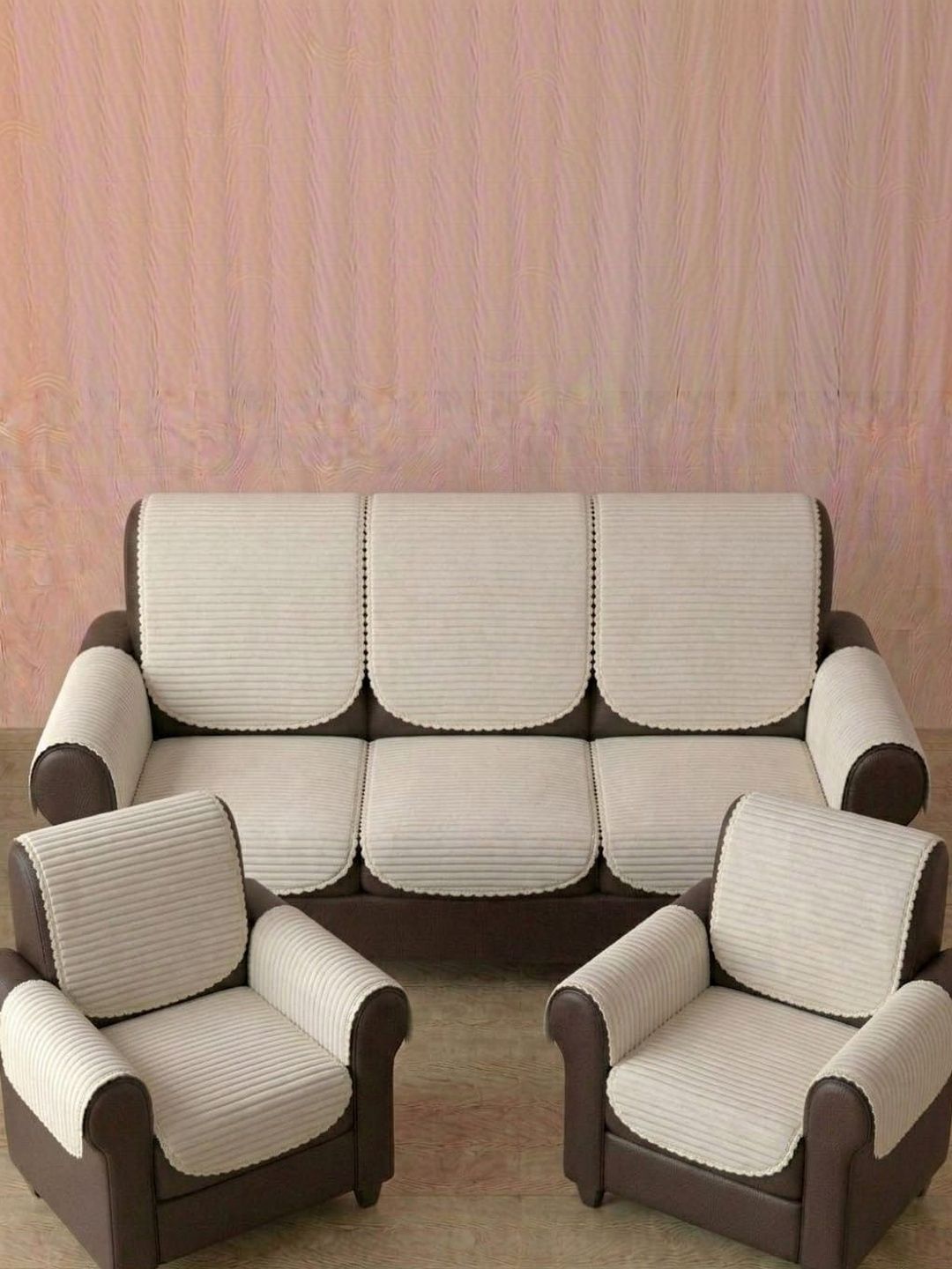 RAINBOW FURNISHINGS Cream-Coloured Striped Polyester Blend Sofa Cover With Arms-picture-11