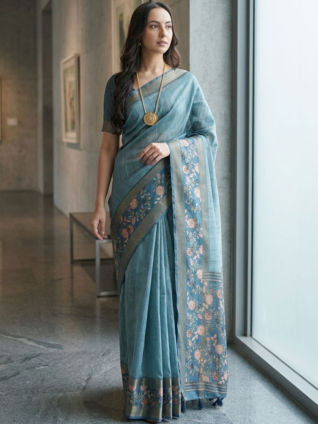 KALINI Floral Printed Zari Saree With Blouse Piece-picture-28